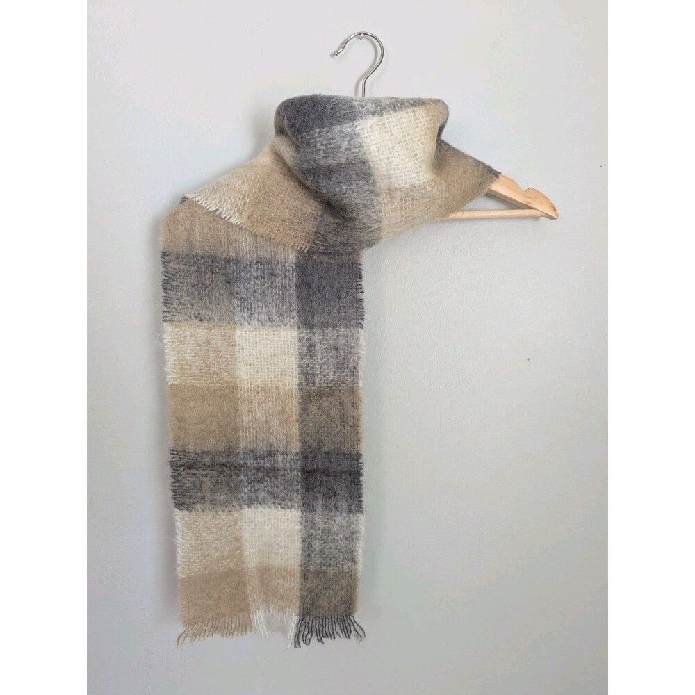 Vintage Mohair Wool Blend Scarf Ireland Neutral Plaid Tan Gray Ivory Unisex EUC